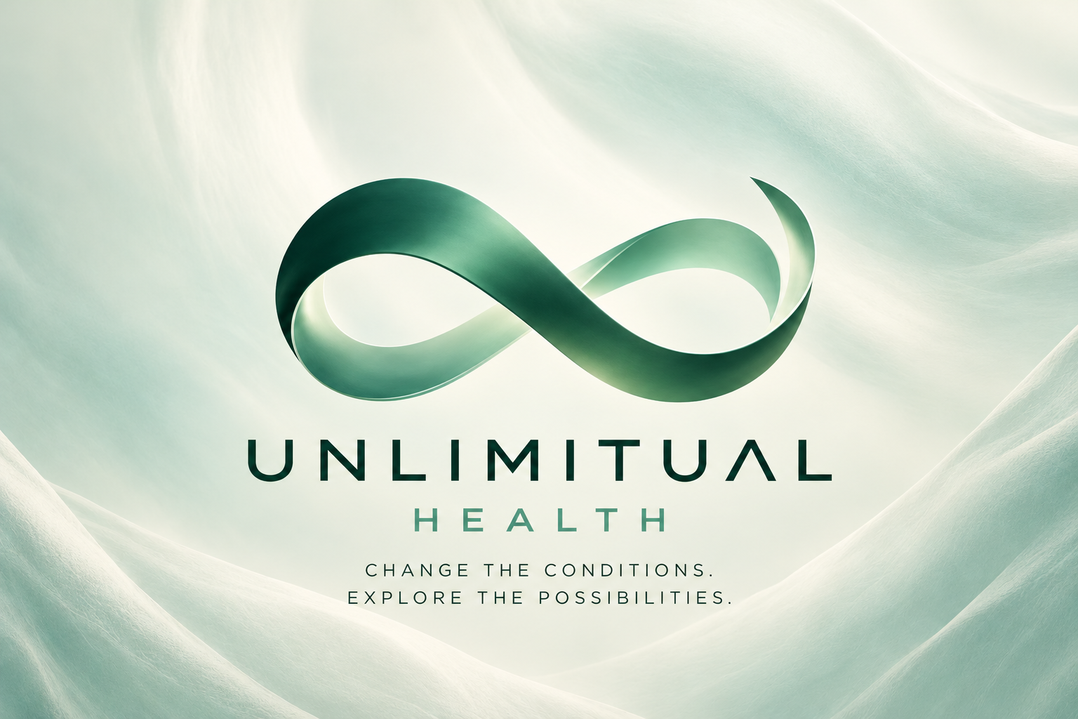 Unlimitual Health. An emerald infinity ribbon on ivory and mint silk. Change the conditions. Explore the possibilities.
